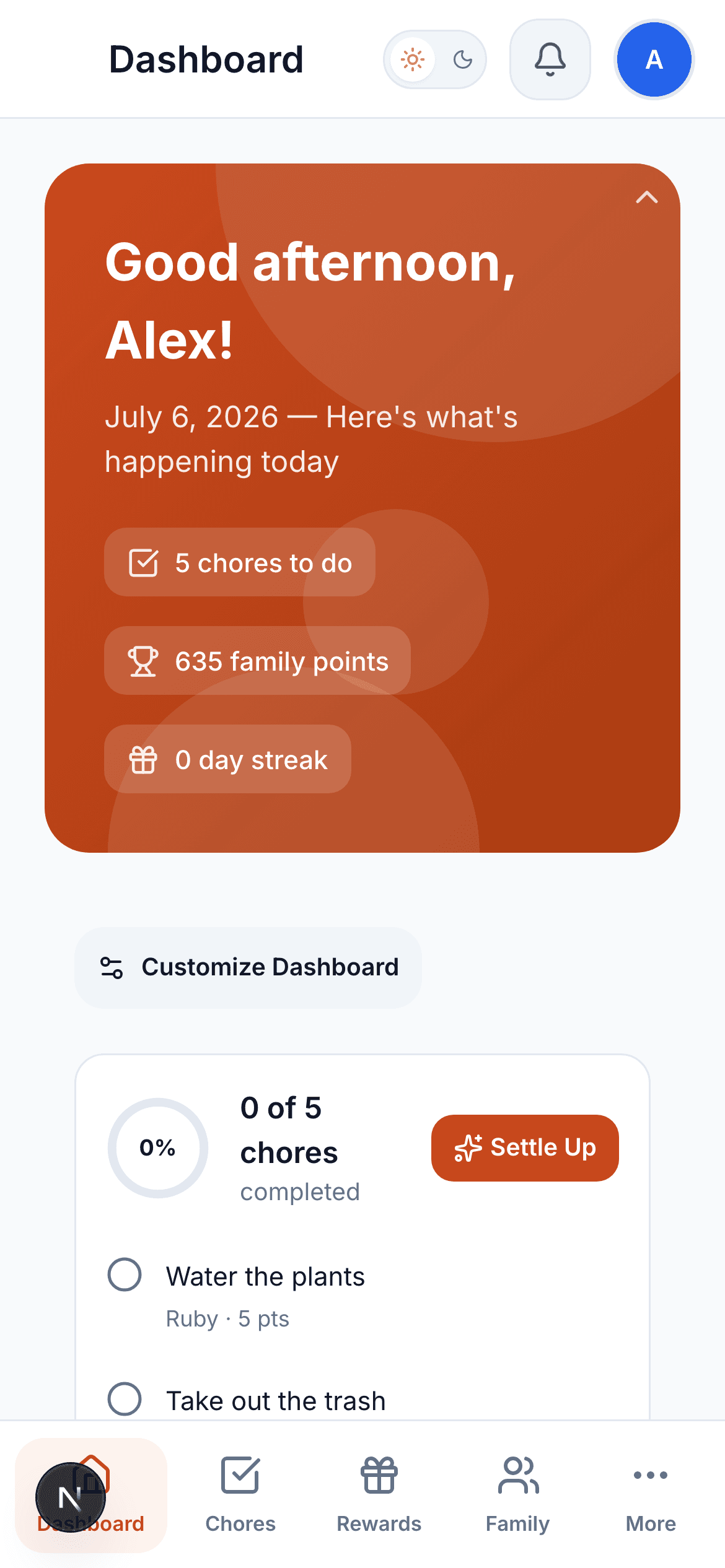 The dashboard on a phone: chores to do, the weekly points race, and family points