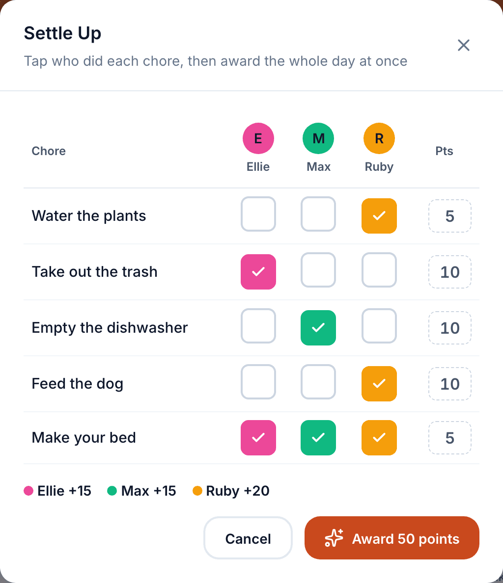 The Settle Up grid: chores down the side, kids across the top, colored checkmarks for who did what, and one Award button